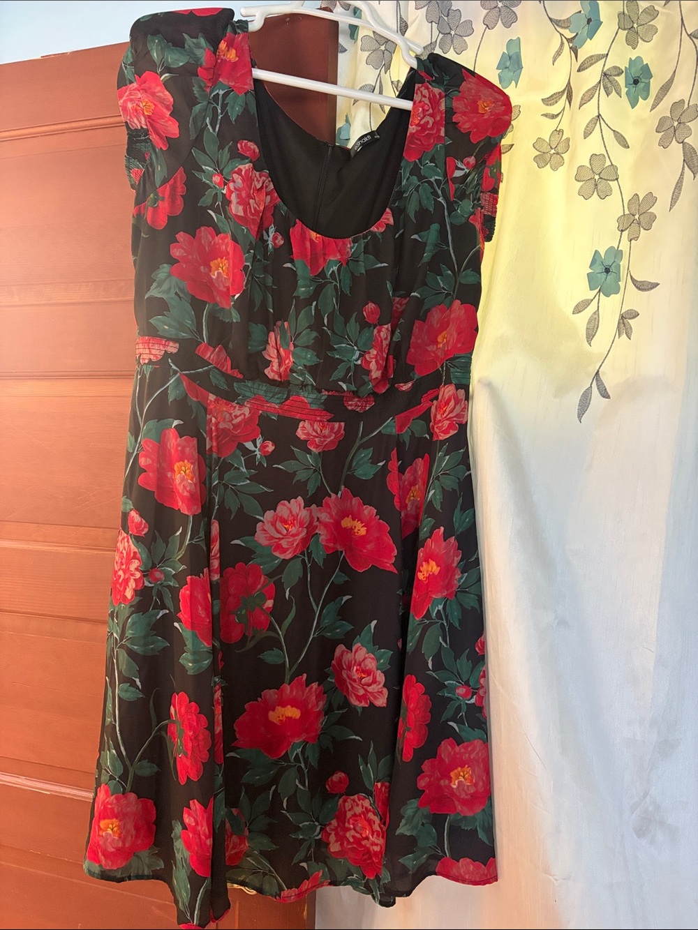 eshakti Black Midi Dress with Red Floral Print